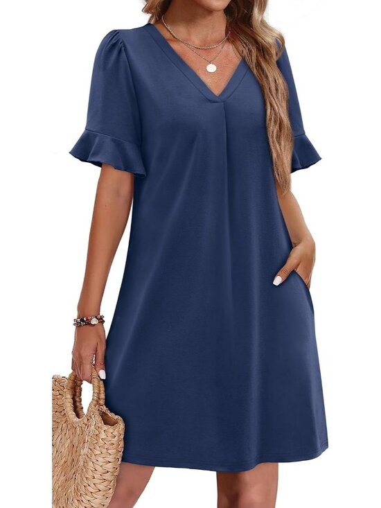 Dresses & Skirts - Women's Navy Blue Ruffle Short Sleeve Neck Casual  with Pockets Shift Mini Dress